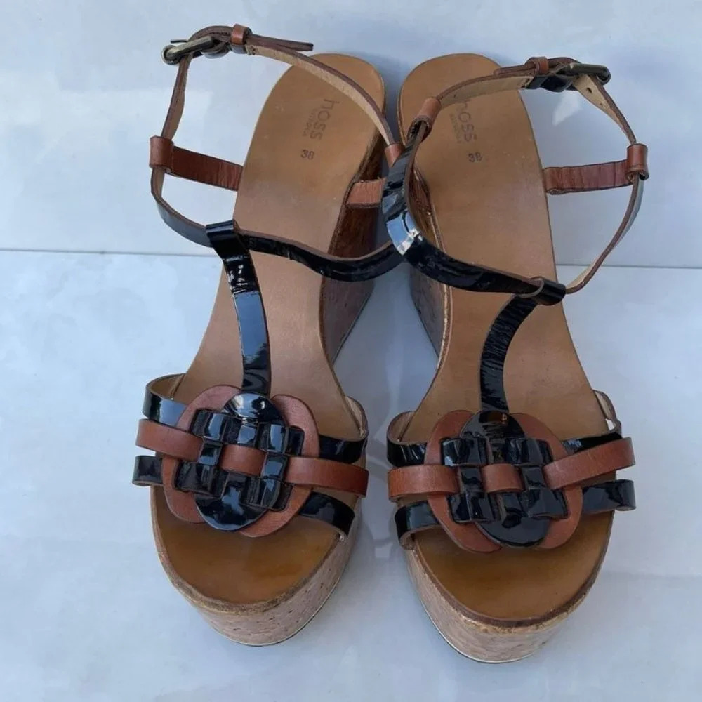 Hoss Intropia Womens Wedge Open Toe Sandals Black Brown Sz 38